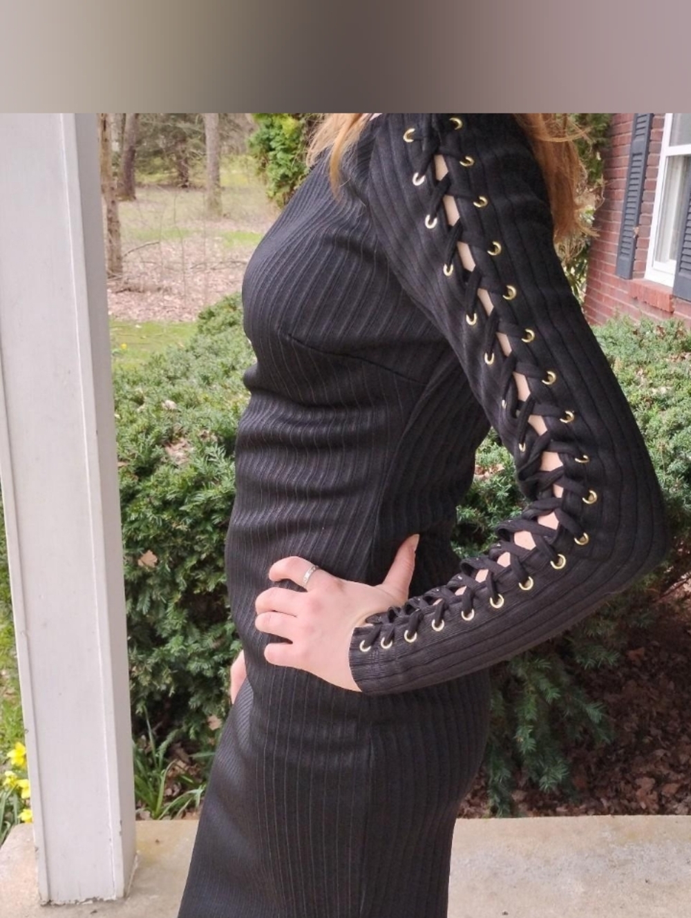 Jennifer Lopez JLO Black Ribbed Bodycon Dress Size 4 Lace Up Grommet Sleeve